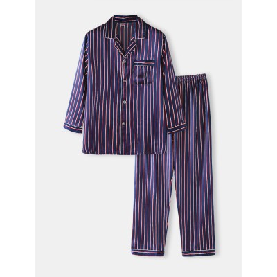 Mens Basic Striped Silk Thin Long Sleeve Home Casual Pajama Set