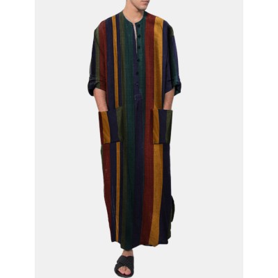 Mens Vintage Multi  Color Striped Print Button Up Home Casual Long Sleeve Robes With Pockets