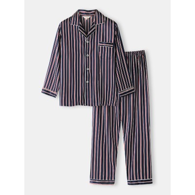 Classic Stripe Revere Collar Long Sleeve Elastic Waist Ice Silk Home Casual Pajama Set
