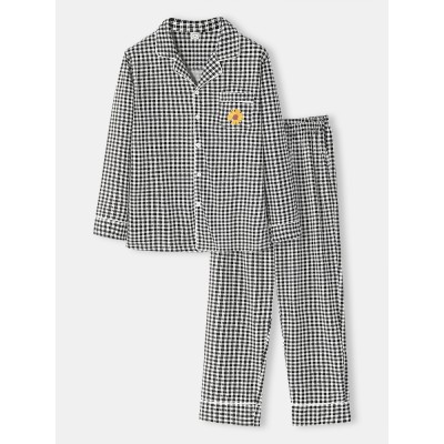 Mens Cotton Plaid Sunflower Chest Pocket Button Long Sleeve Comfy Home Pajamas Set